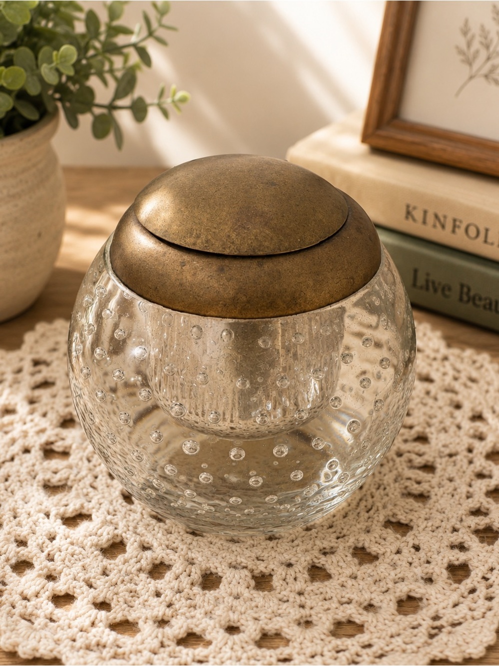 1960s Bubble Glass Jar with Brass Lid - Clear & Gold-Tone